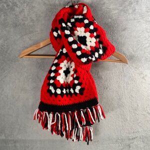 Vintage Handmade Crochet Granny Square Scarf Boho Indie Hippie Cottage Winter